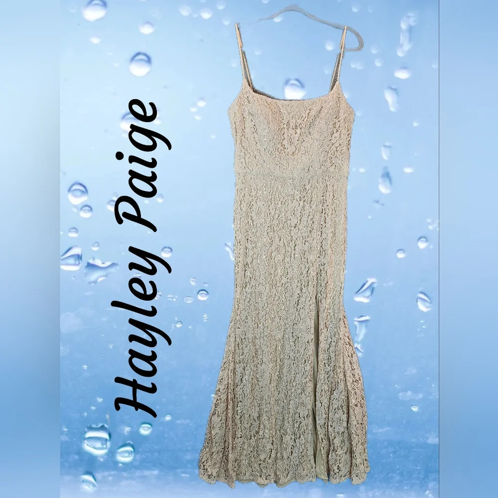 Hayley Paige Maxi Dress Womens Sz 12 Nude Floral Lace Thigh High Slit